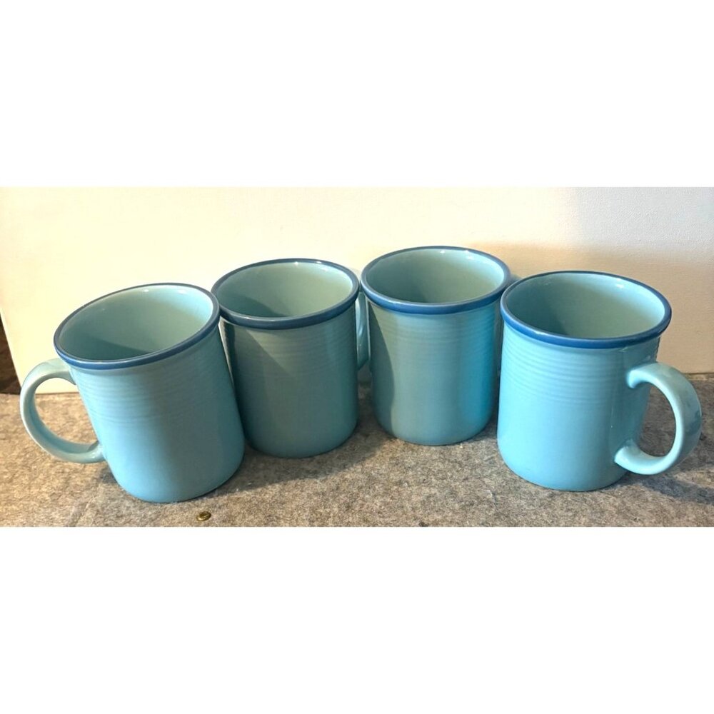 Set of 4 Vintage Turquoise W/Blue Rim Rio Coffee Mugs #3205
